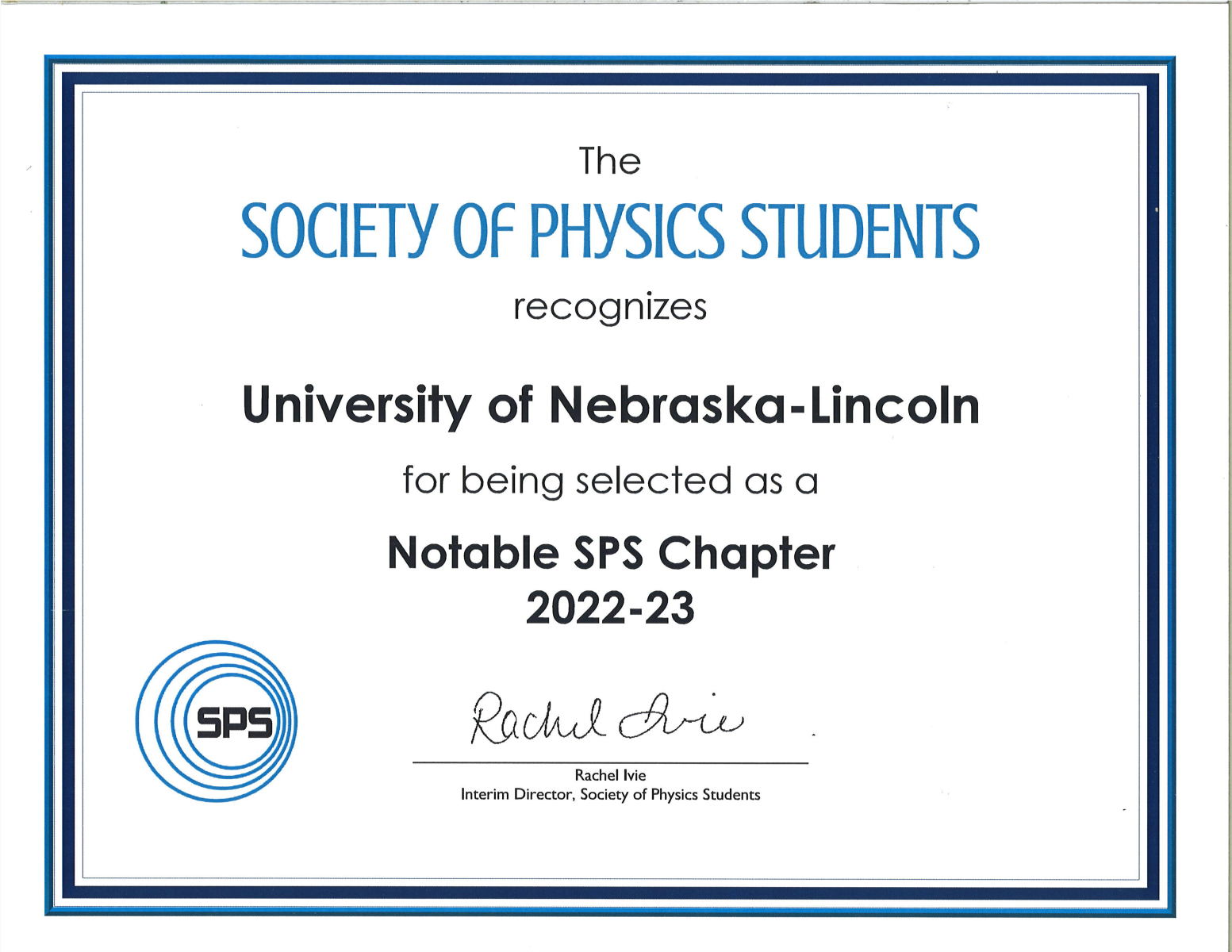 SPS Notable Chapter Certificate