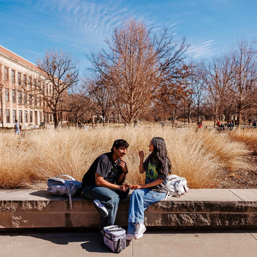 Two smiling students sit facing one another on a low, stone bench on campus with tall grass and trees behind them on a sunny winter day.