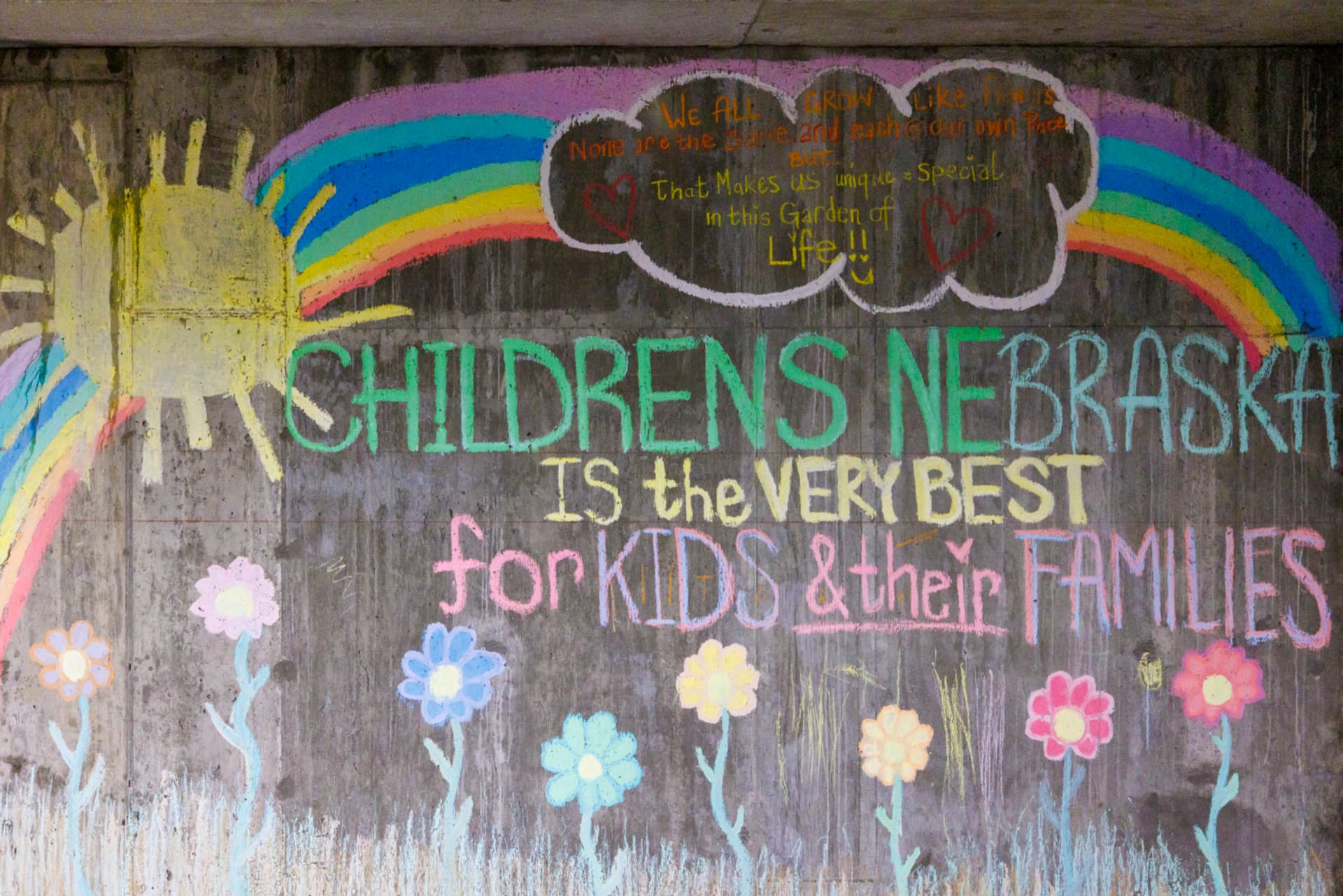 Colorful chalk drawing with sun, rainbow, flowers, and text praising Children's Nebraska for families.
