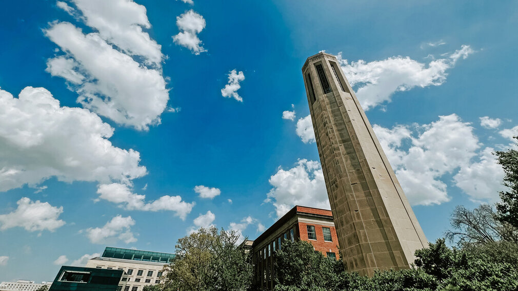 The University of Nebraska–Lincoln&#039;s Mueller Tower on a partly cloudy day.