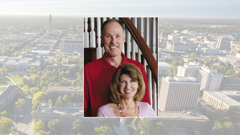 Color portrait of university benefactors Mick and Cindy McCaffery on a color campus background. Color portrait of university benefactors Mick and Cindy McCaffery on a color campus background.