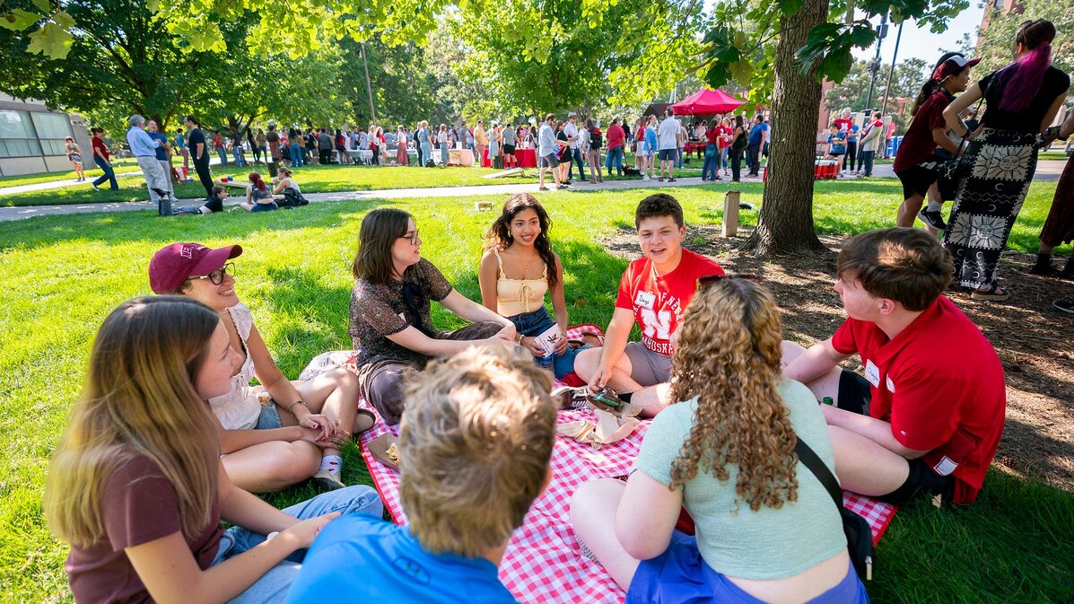 Students chat during a new student picnic