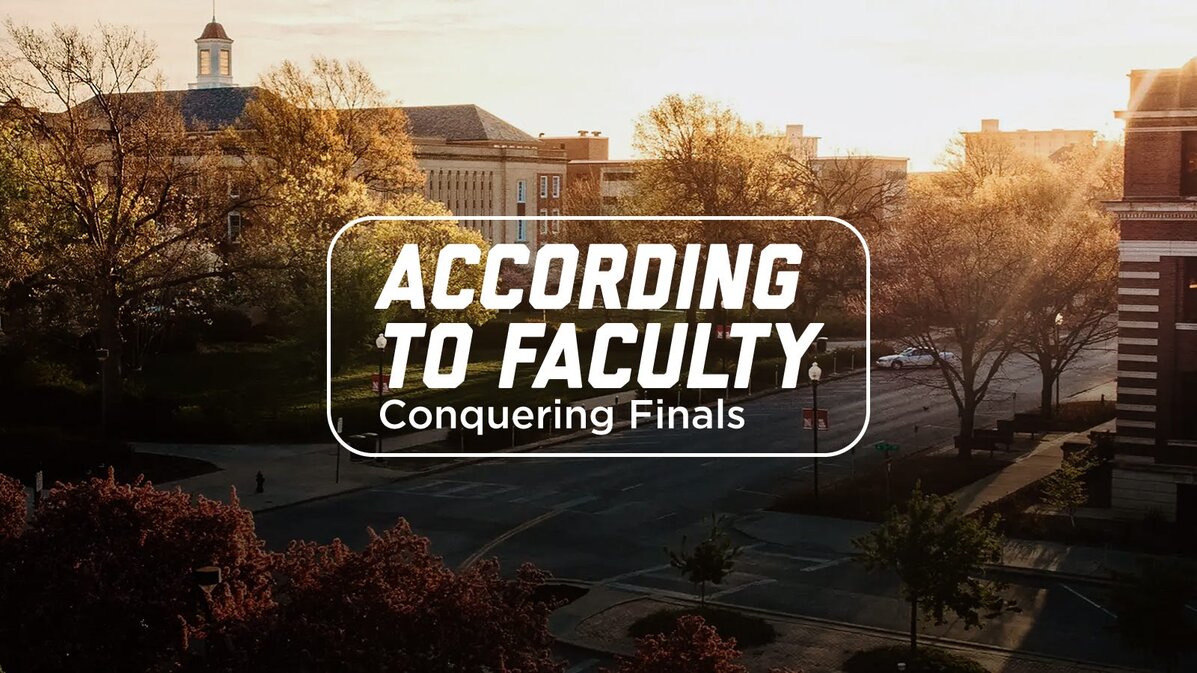 A photo of the sun rising on campus with the following text on top: According to Faculty: conquering finals
