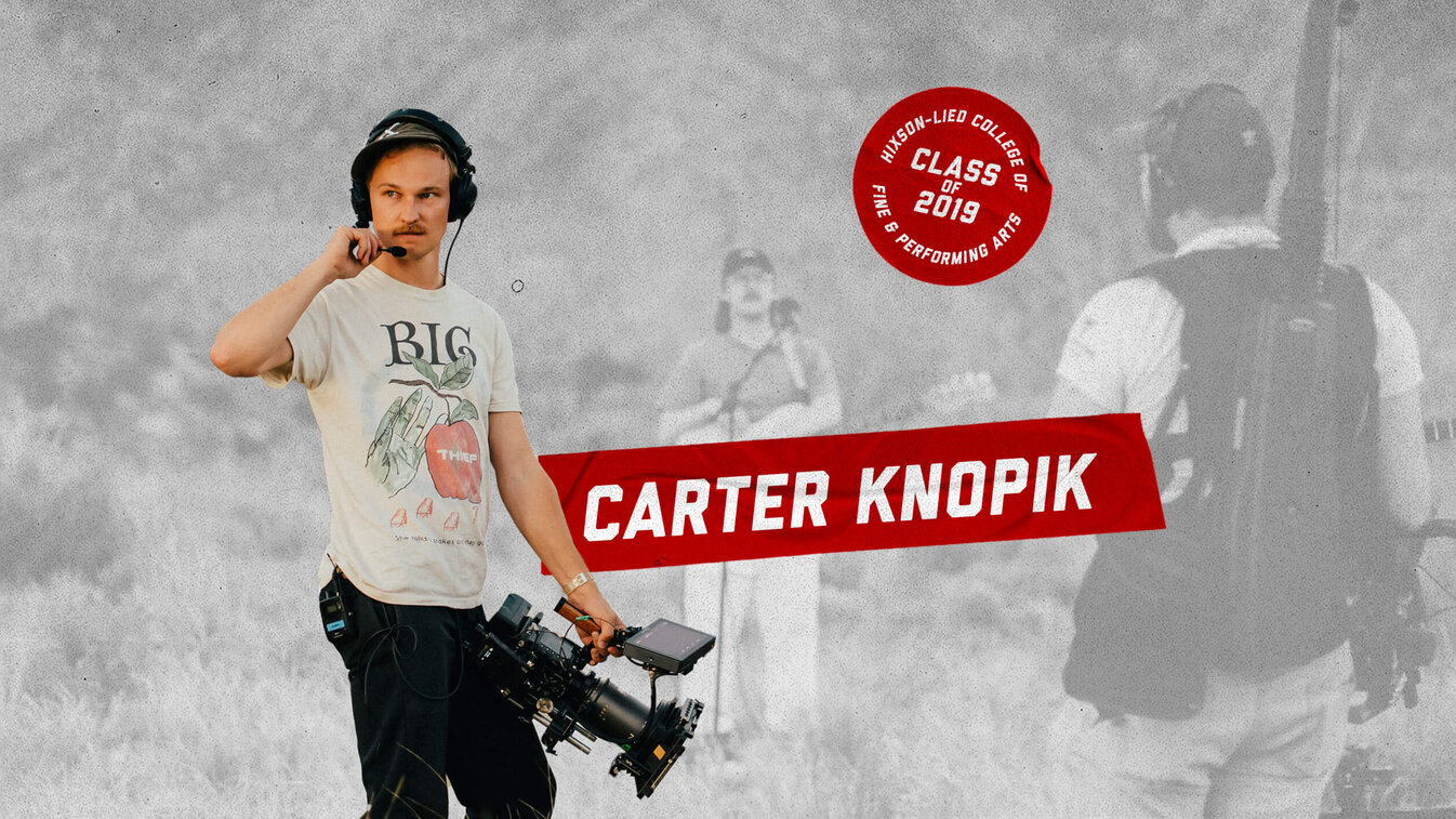 Videographer holding camera equipment, wearing headphones, with "Carter Knopik" text in red overlaid