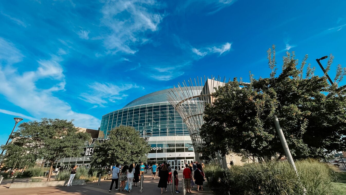 Grads and families proceed into PBA the morning of August 2023 commencement