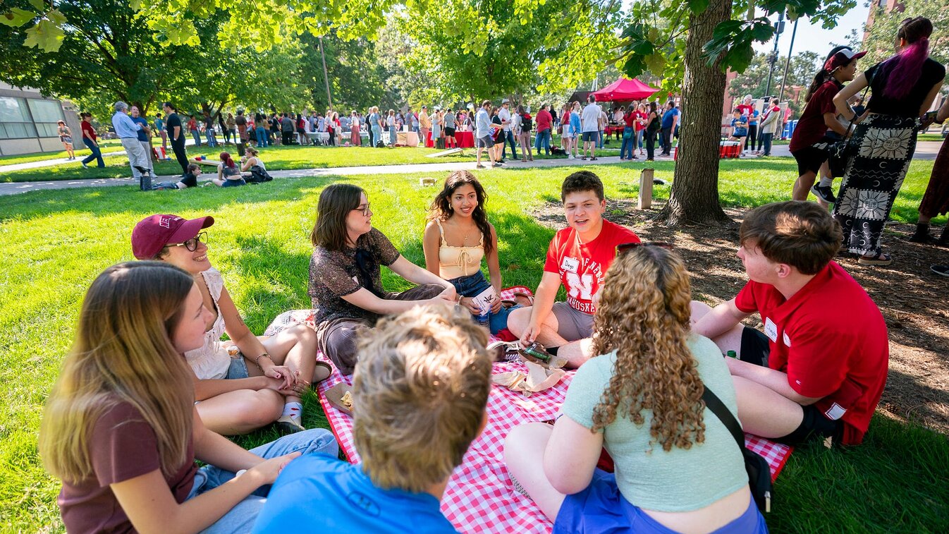 Students chat during a new student picnic