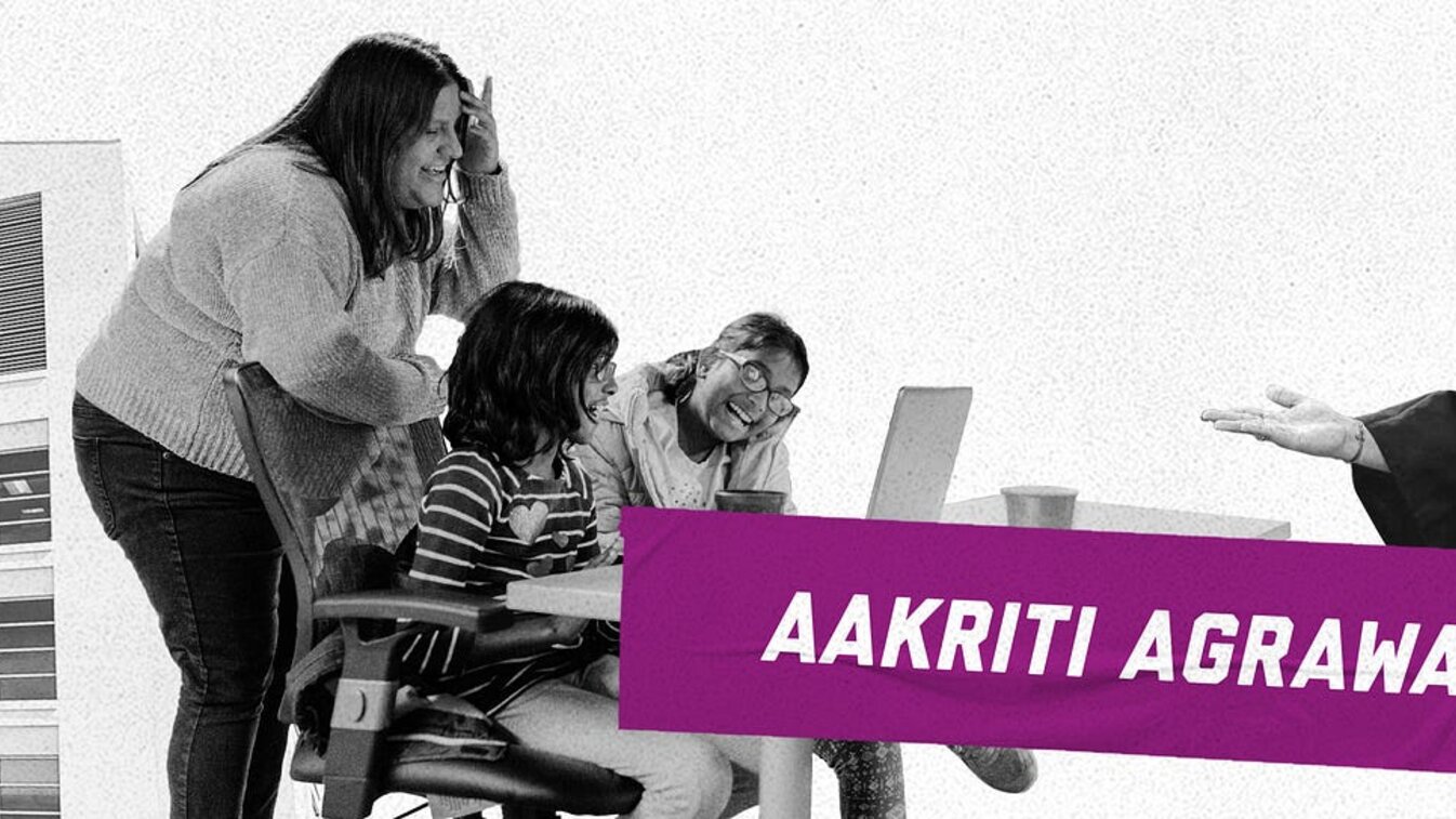 A collage of Aakriti helping young girls on the computer and a photo of her in her grad cap. An image of the College of Business appears on the left side with text that says “College of Business Class of 2016” and “Aakriti Agrawal” on purple stickers