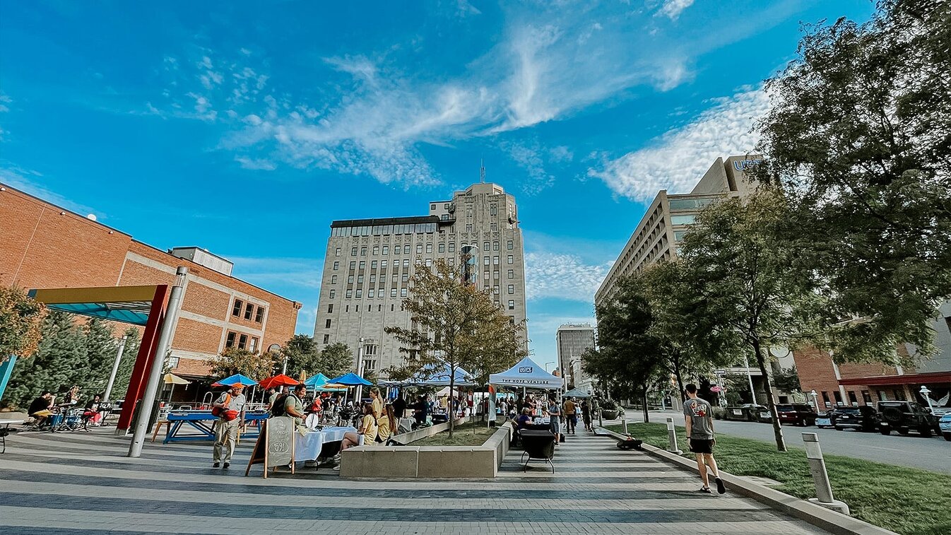 P Street’s Tower Square on a sunny day