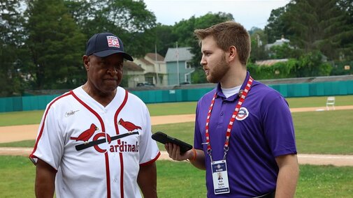 Noah Douglas (right) interviews Hall of Famer Ozzie Smith (left) for a story during Hall of Fame Weekend on Friday, July 25, 2025 at Doubleday Field in Cooperstown, NY.