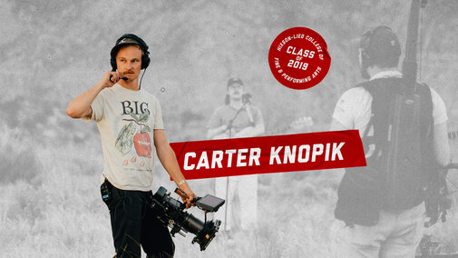 Videographer holding camera equipment, wearing headphones, with "Carter Knopik" text in red overlaid