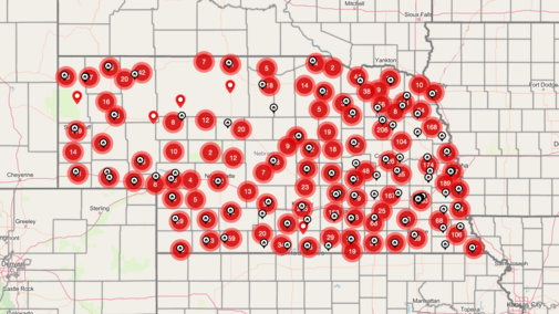 Map of Nebraska with engagement projects mapped on it