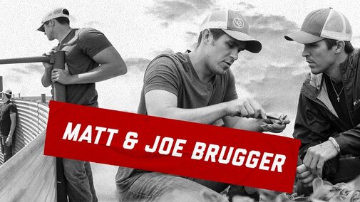 A collage of photos show the Brugger twins examining plants and watching cattle with stickers that say “Matt & Joe Brugger” and “College of Agricultural Sciences & Natural Resources Class of 2019”
