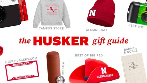 A collage of gift imagery, from Husker sweatshirts and notebooks to portable printers and disposable cameras, with text that reads “The Husker Gift Guide”