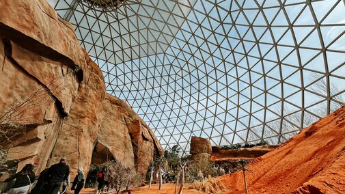 The interior of the Desert Dome features a glass dome covering orange sands and cacti