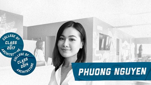 A collage featuring a photo of Phuong in front of a space she designed and stickers reading “College of Architecture Class of 2014 and 2017”