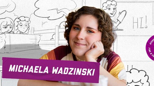 A collage with Michaela smiling for a photo and her illustration work in the background. Stickers on the graphic read her name and her graduation year: 2019
