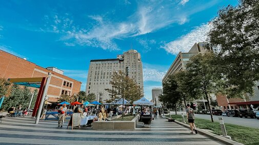 P Street’s Tower Square on a sunny day