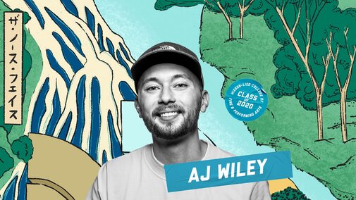 A headshot of AJ Wiley laid on top of one of his illustrations which features a nature landscape with trees and flowing water. Stickers read his name and “Hixson-Lied College of Fine & Performing Arts Class of 2020"