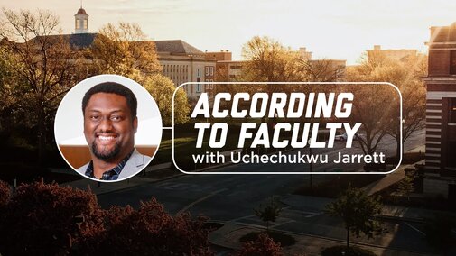 A photo of Uchechukwu set over a photo of campus with text that reads “According to Faculty with Uchechukwu Jarrett”