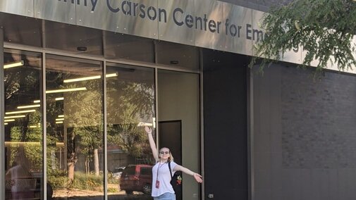 19 year old Abi in front of the Johnny Carson Center the day after move-in!
