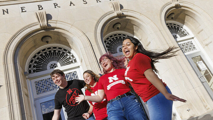 First-generation students celebrate on the steps to the Nebraska Union.