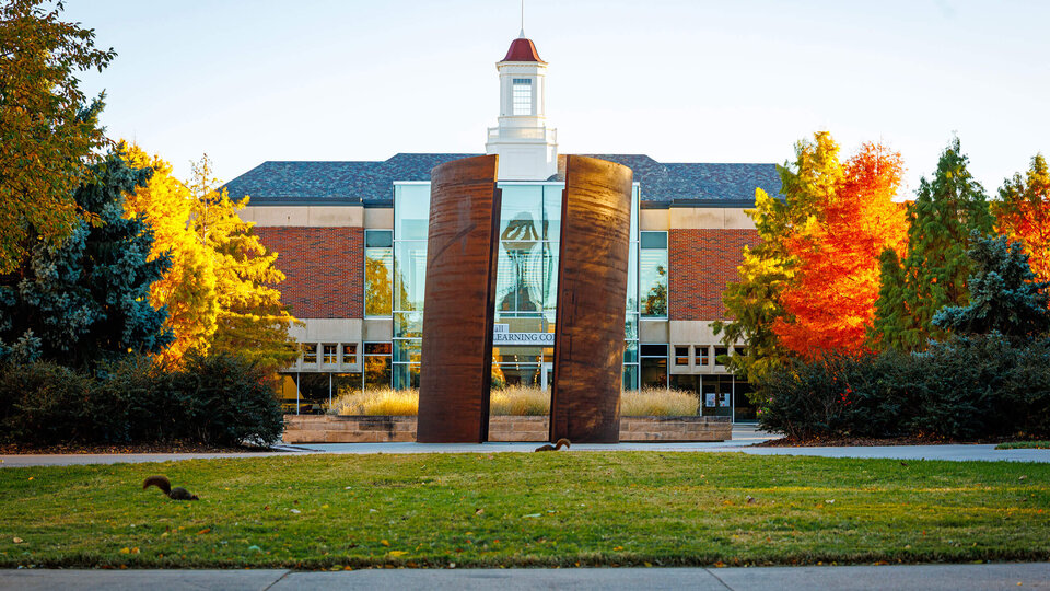 North side of Love Library framed by trees with fall colors and Richard Serra sculpture