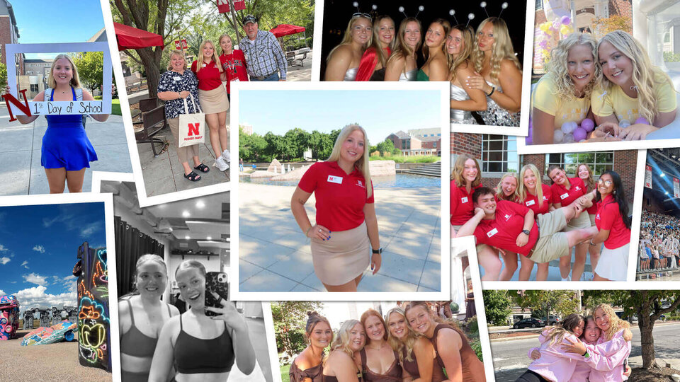 Collage of group photos and moments showing a smiling woman with friends in outdoor and indoor settings.