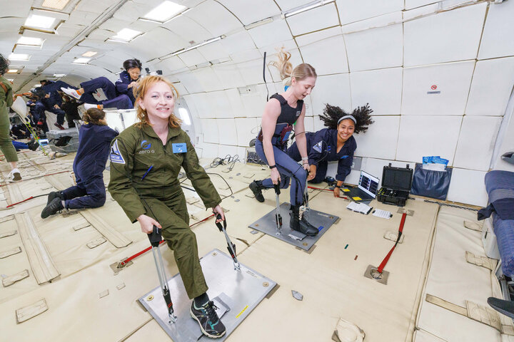 Zero-G parabolic flight involved in a study investigating a wearable gravity countermeasure suit (“Skinsuit”) [image credit: Steve Boxall]