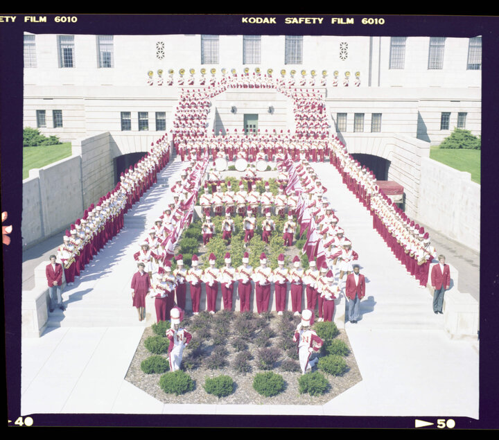 An archived photograph of the Cornhusker Marching Band.