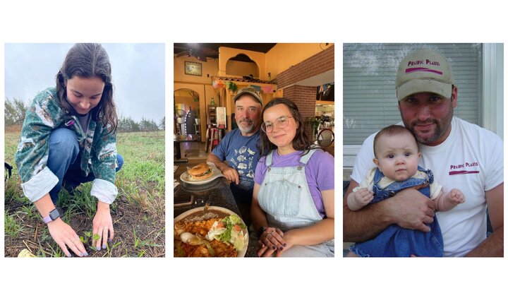 Person crouching in a grassy field; two people seated indoors with food; person holding a baby outdoors.