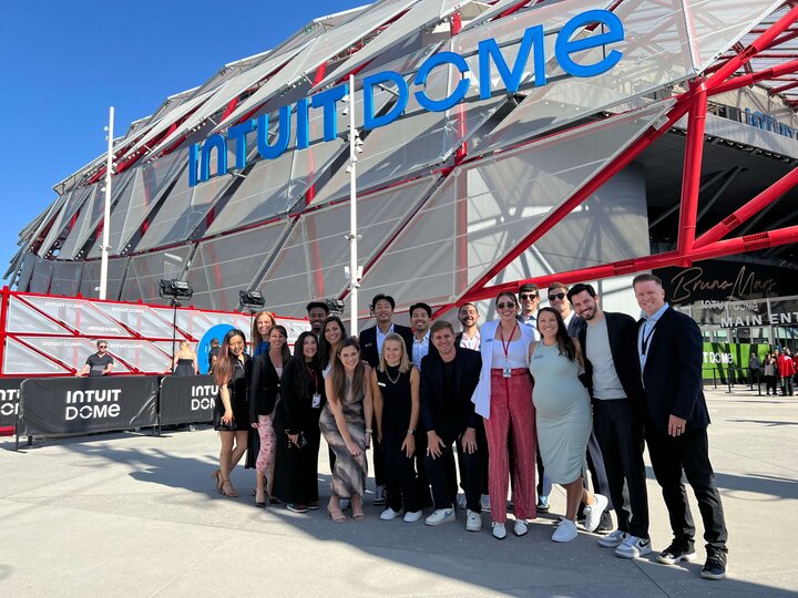 The LA Clippers Corporate Partnerships Team photo in the outdoor Plaza at Intuit Dome for the LA Clippers Home Opener on October 23, 2024 vs the Phoenix Suns.