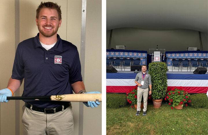 Noah Douglas holds a baseball bat on the left image, and on the right, is standing in front of an event set up