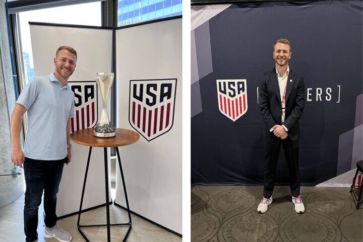 Sam Laughlin smiling beside a trophy and standing in front of a USA soccer logo backdrop.