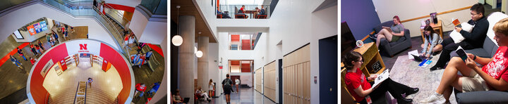 A collage of three images: 1) Families walk around the Nebraska Union entryway. 2) Students study in the new Fine & Performing Arts building on the first day of the semester. 3) Honors Program students hang out and study in the common space of a Knoll Residential Center suite.
