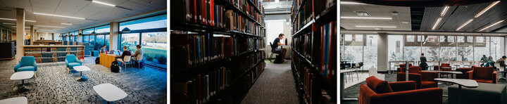 Three images in a strip: 1) Students study at a table near the windows in the Schmid Law Library. 2) A student is framed by long bookshelves as he studies in the Stacks. 3) Students study in the Adele Coryell Learning Commons where the large windows give views of a snowy campus