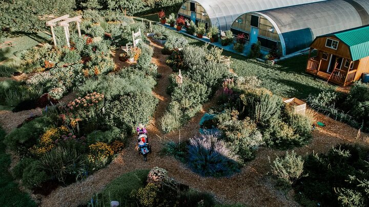 An aerial of the Backyard Farmer Garden on east campus