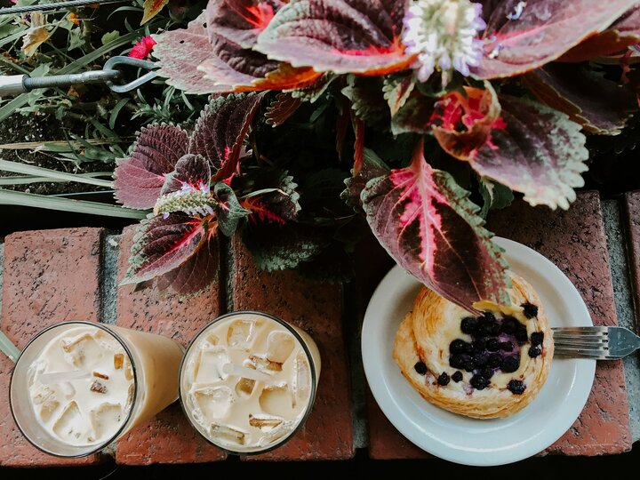 Drinks and a blueberry pastry from The Mill