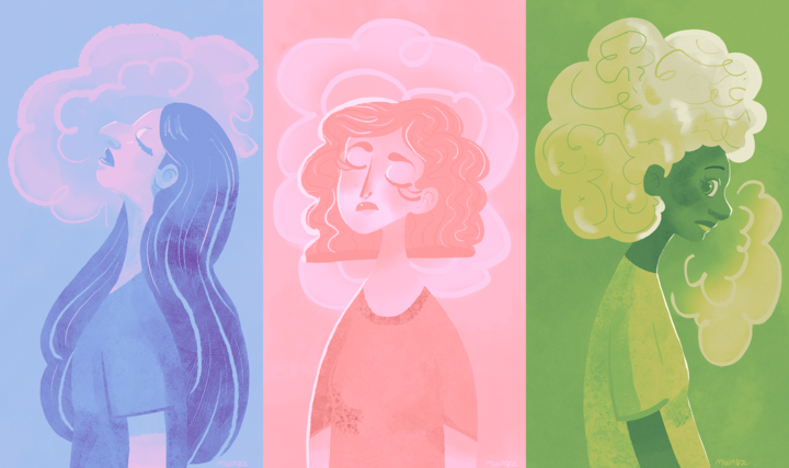 Illustrations of girls with clouds around their heads in various colors