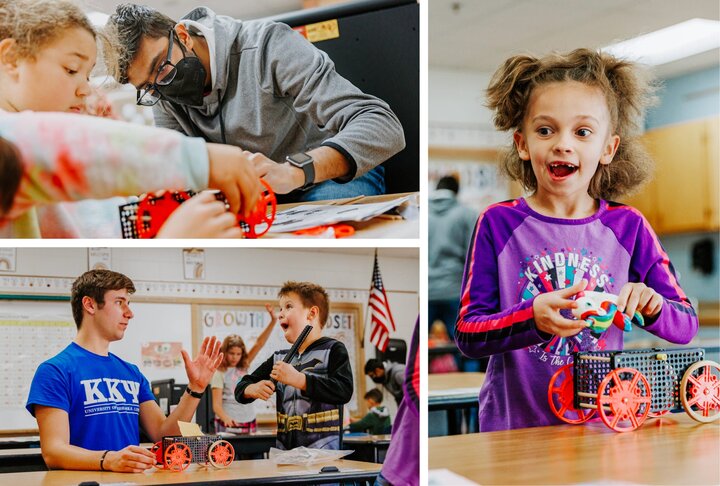 Top left: Rohan helps a student build her rubber-band powered car. Bottom left: A student reacts to an idea Spencer Knight proposes to improve his car. Right: A student adds a unicorn squishy to decorate her car.