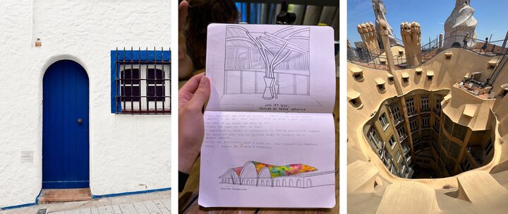 Photos from the trip including architecture of local buildings and a sketch from Valerie