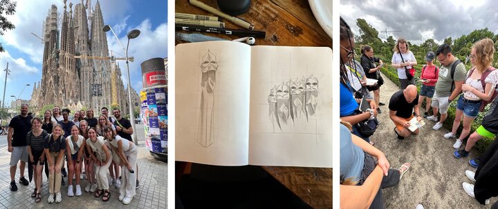 Photos from the trip including a group photo, sketches from Valerie and students watching a demo of someone sketching