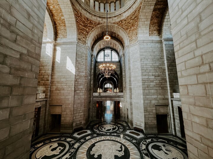 The interior of the State Capitol including intricate tile work and ornate lighting