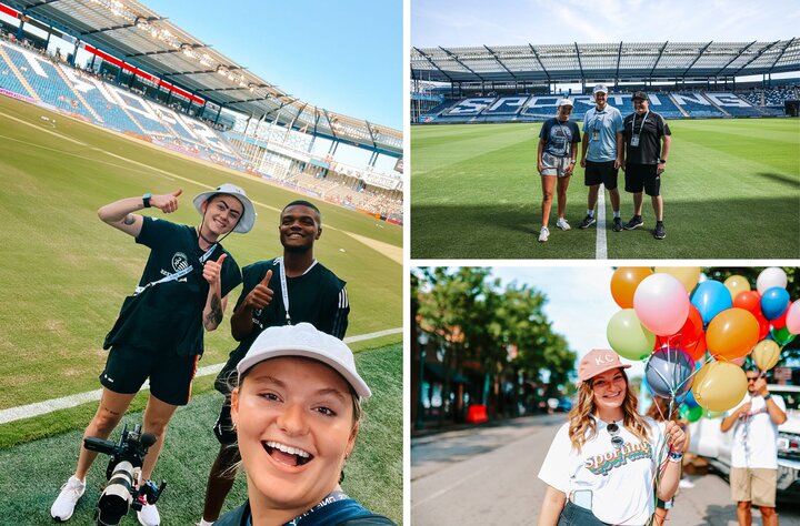 A collage of Regan’s time with Sporting KC, including a selfie with other student workers on the field and a photo of her at a Pride Parade for the company