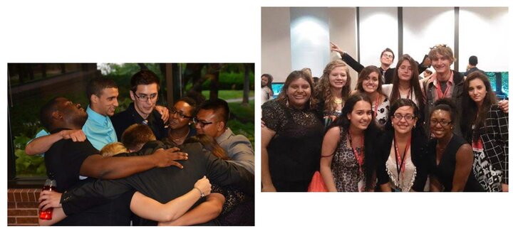 Two photos: A group huddle for DreamBig; members of DreamBig pose for a photo