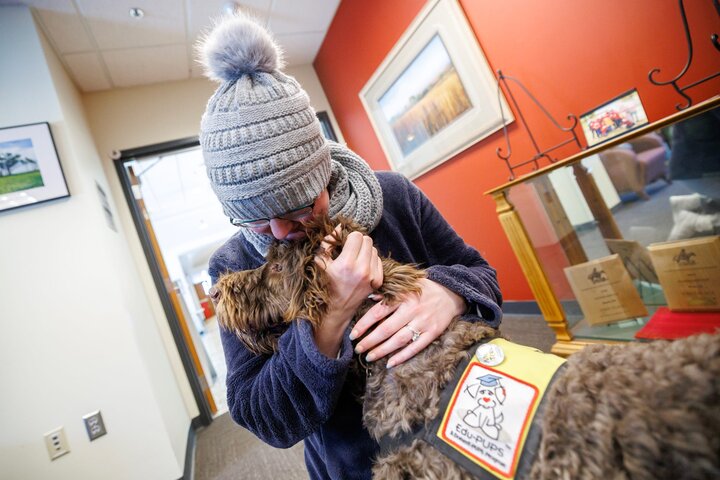 A curly brown-haired dog named Jonas gets a hug