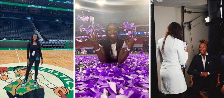 Three separate photos in a collage: Allie on the court of the Boston Celtics, Allie tosses purple confetti on a football field; Allie films a person on her phone to create social content