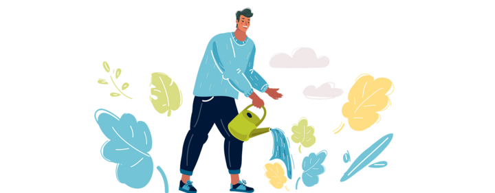 An illustration of a person water plants outdoors