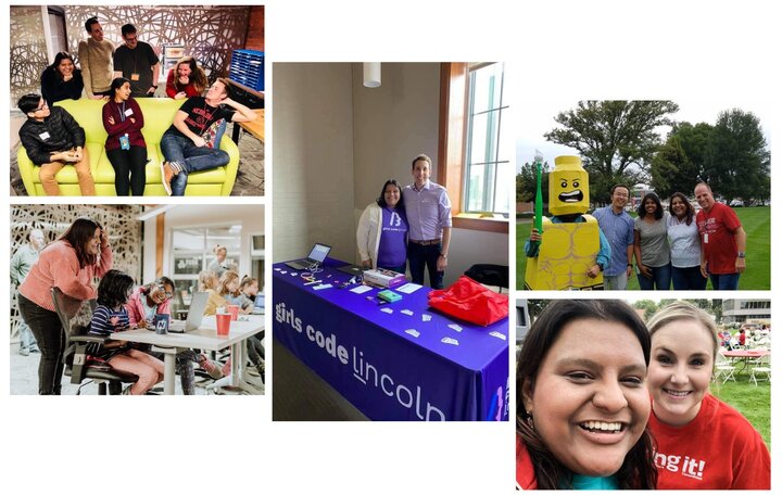 Girls Code Lincoln members sit on a couch together; Aakriti stands at a Girls Code Lincoln booth; Aakriti helps children on computers; Aakriti takes photos with her Ameritas coworkers