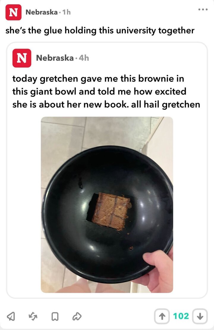 A post on YikYak that says Gretchen is the “glue holding this university together”