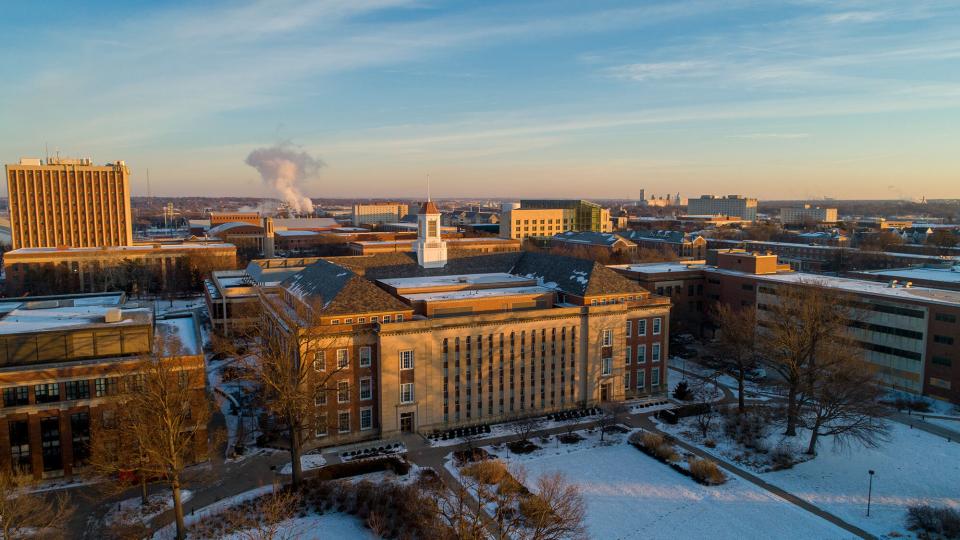Love Library and rest of campus aerial shot